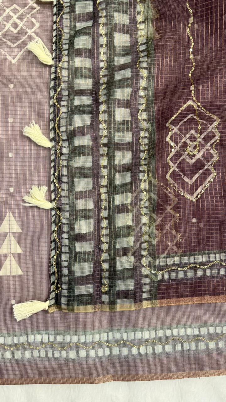 Kota Doriya Geometric Design Print With Aari Work