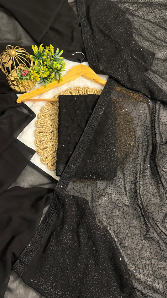Black Chikankari Saree with sequence Work