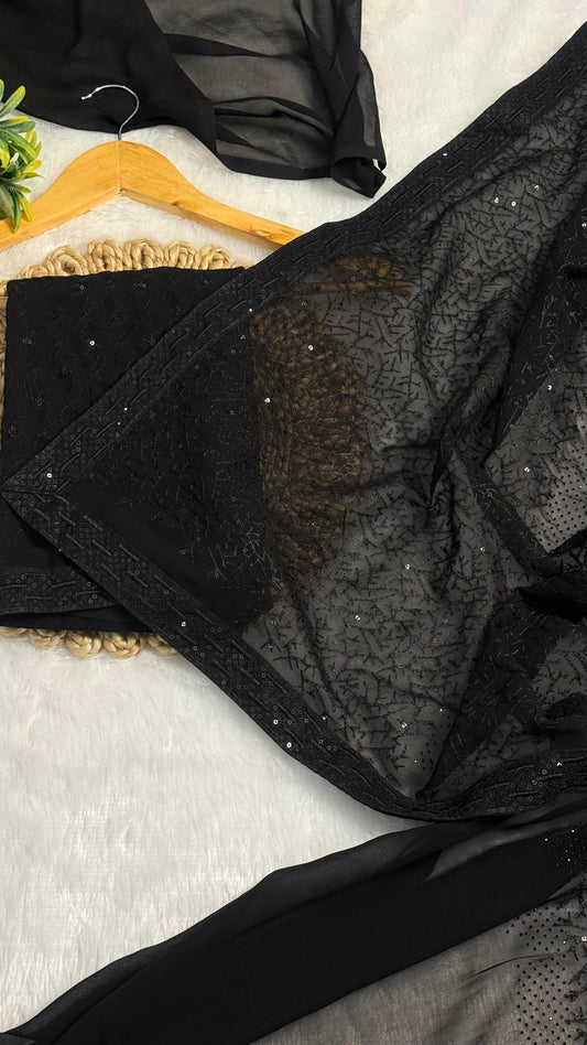 Black Chikankari Saree with sequence Work