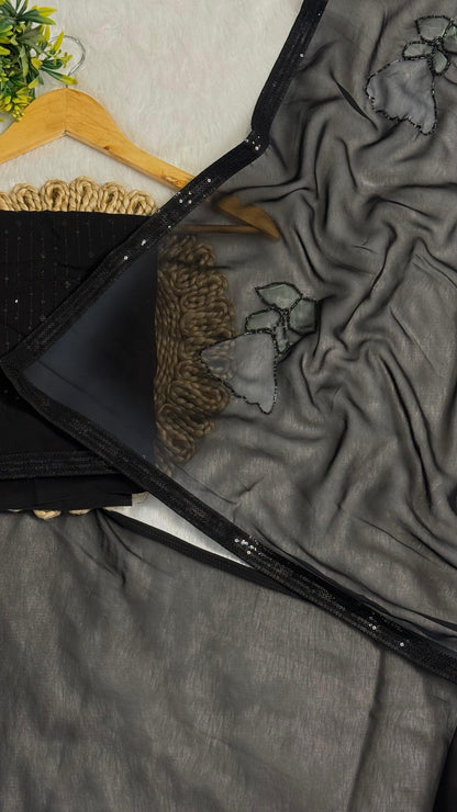 Elegant Black saree With flower pattern and Beads Work