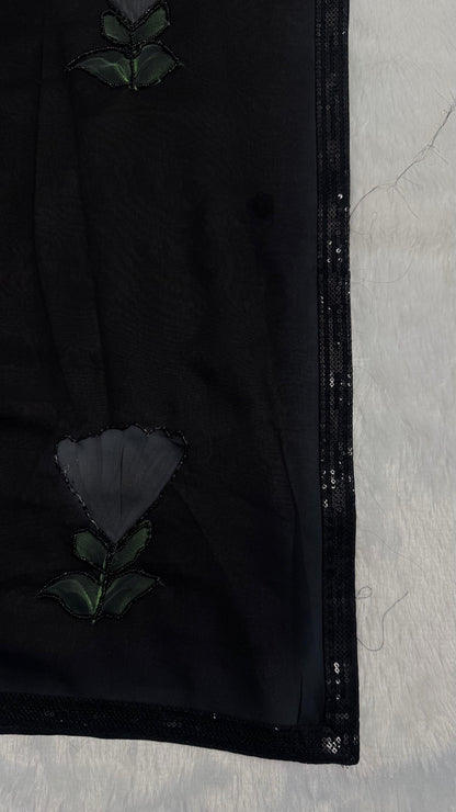 Elegant Black saree With flower pattern and Beads Work