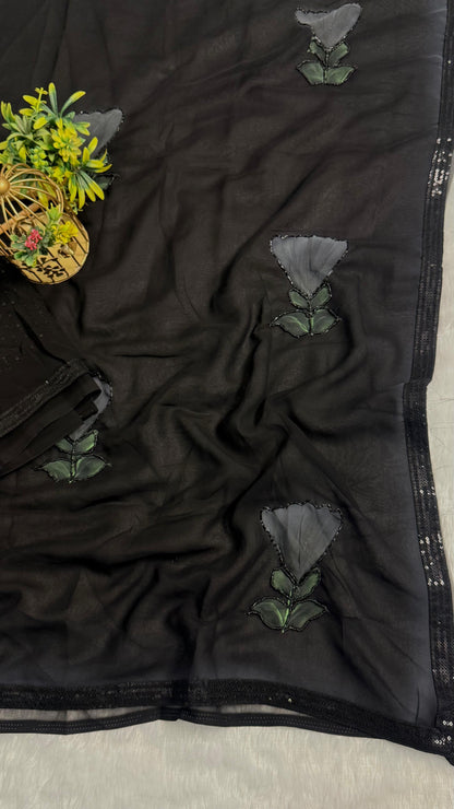 Elegant Black saree With flower pattern and Beads Work