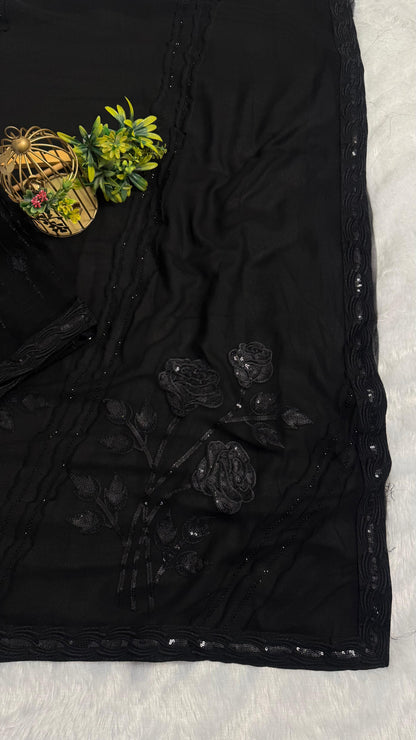 Gorgeous Diamond and Thread work with Sequence flower Saree