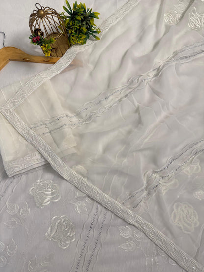 Gorgeous Diamond and Thread work with Sequence flower Saree