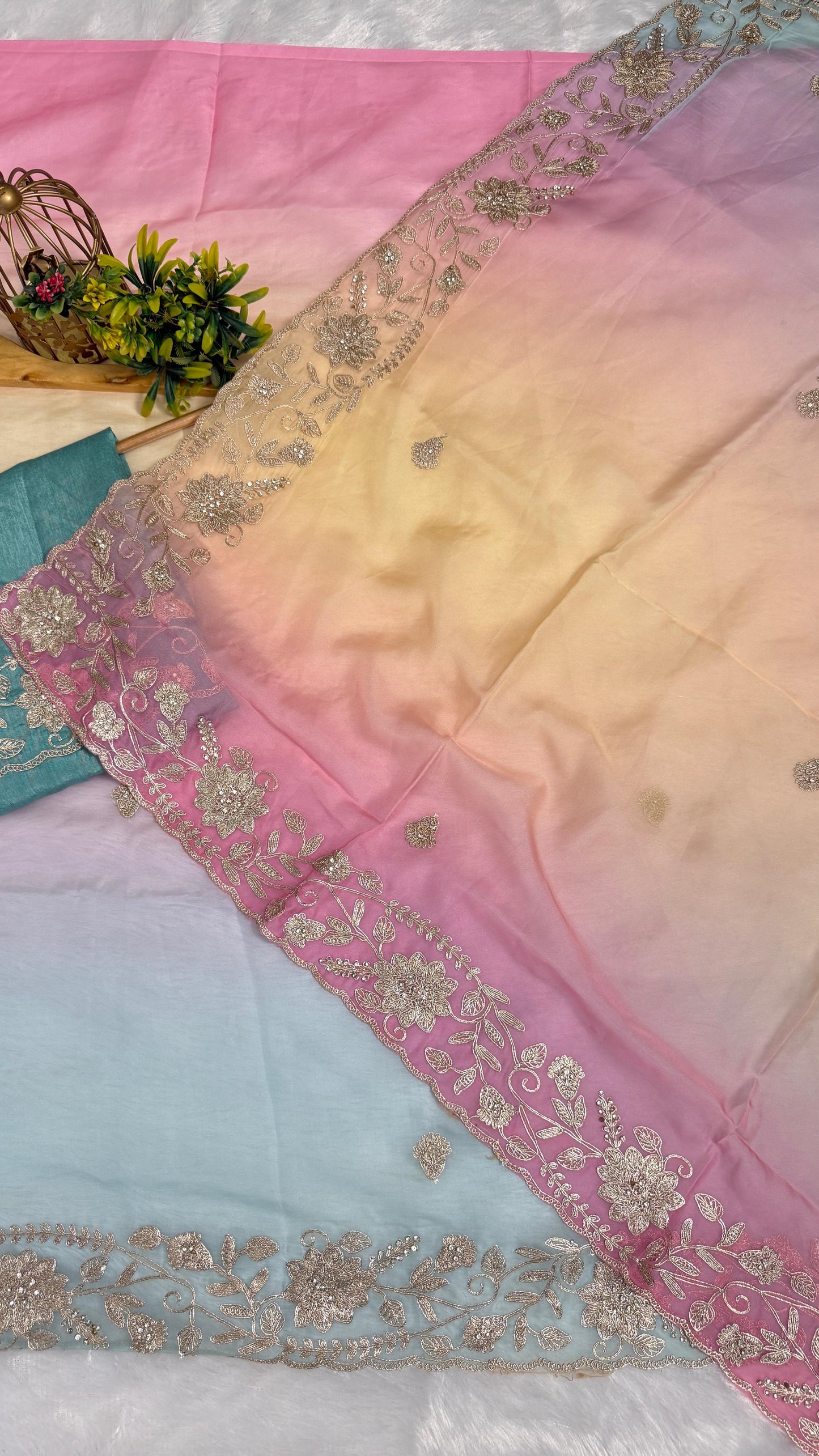 Fancy Shaded Color Pitta Work Saree