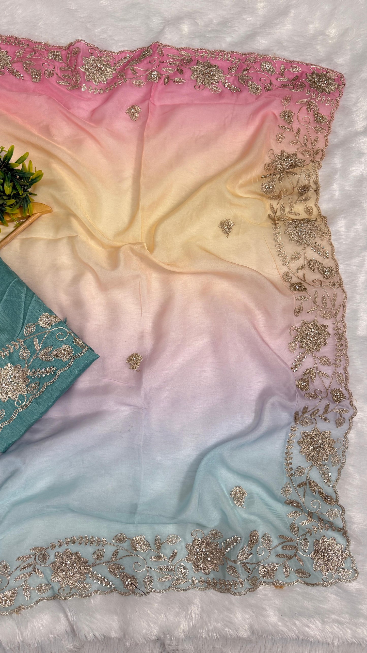 Fancy Shaded Color Pitta Work Saree