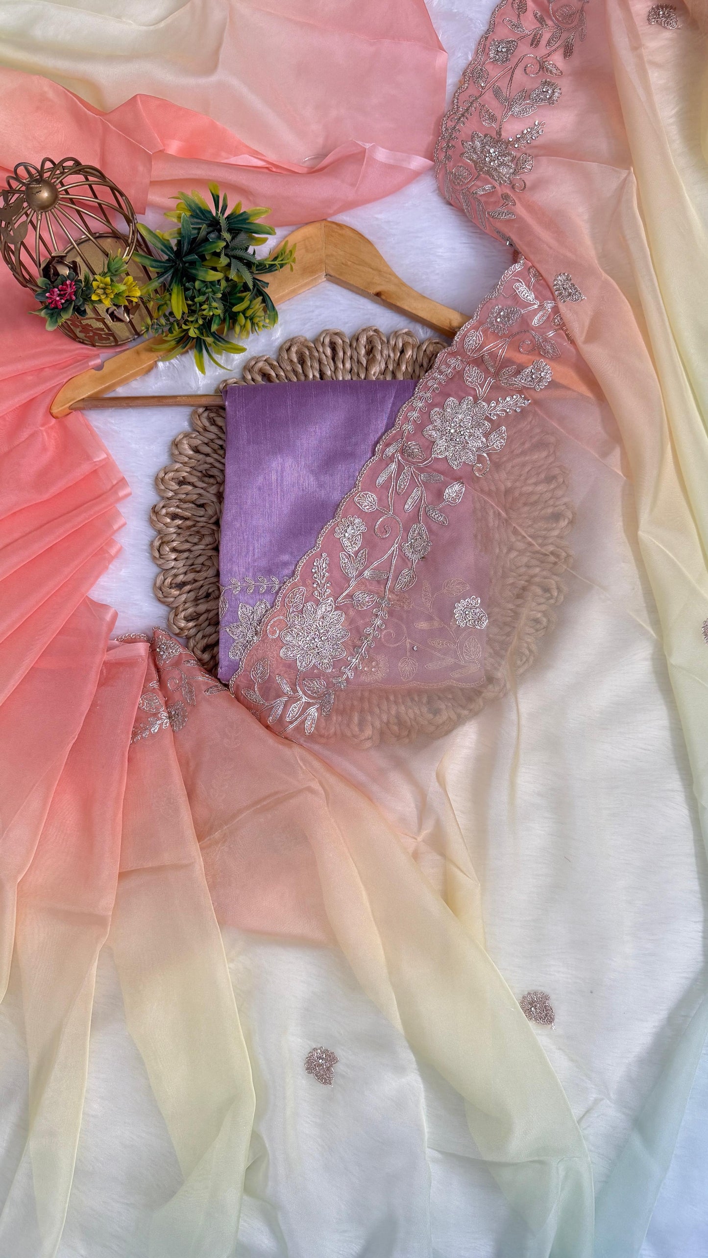 Fancy Shaded Color Pitta Work Saree