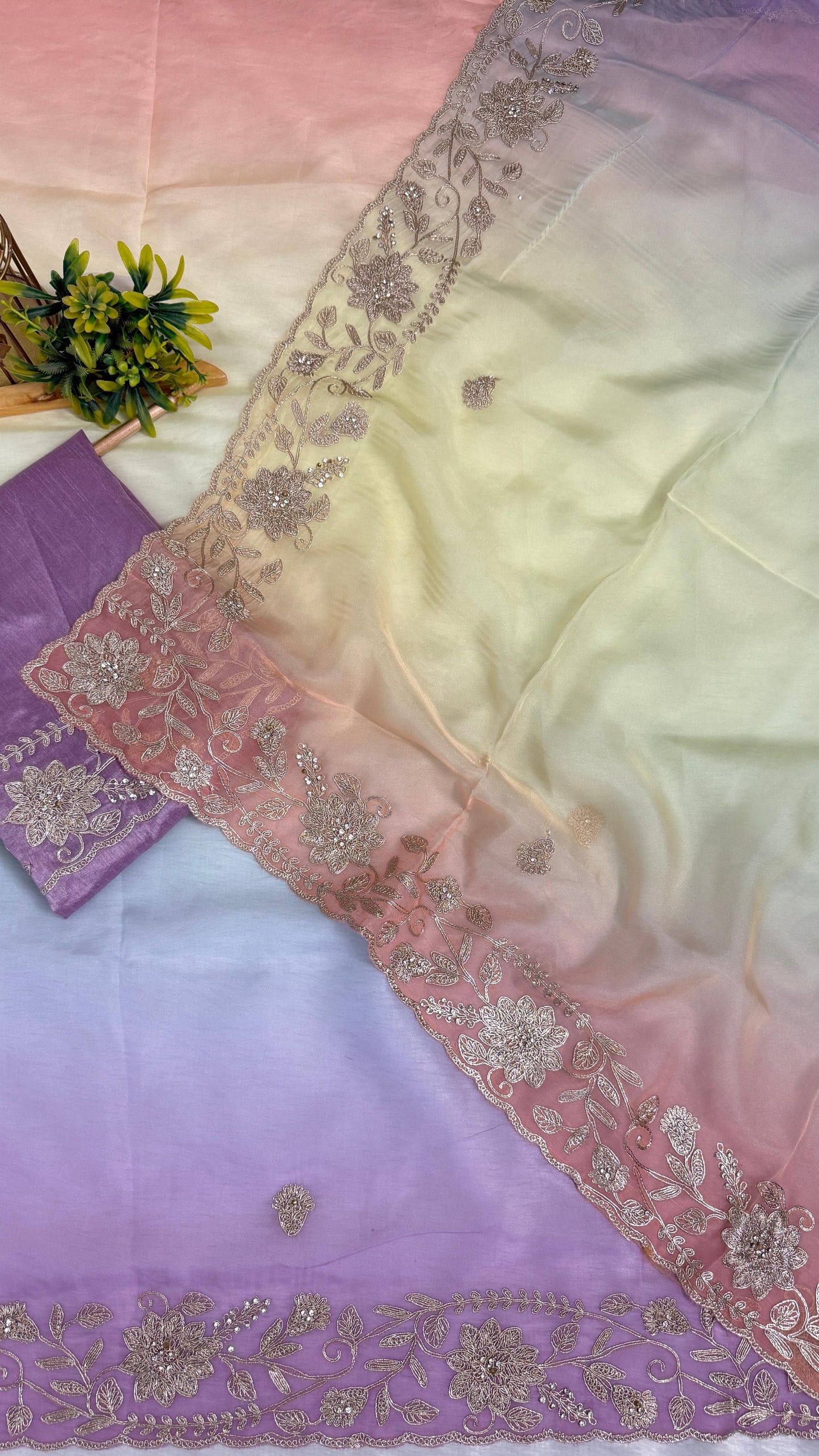 Fancy Shaded Color Pitta Work Saree