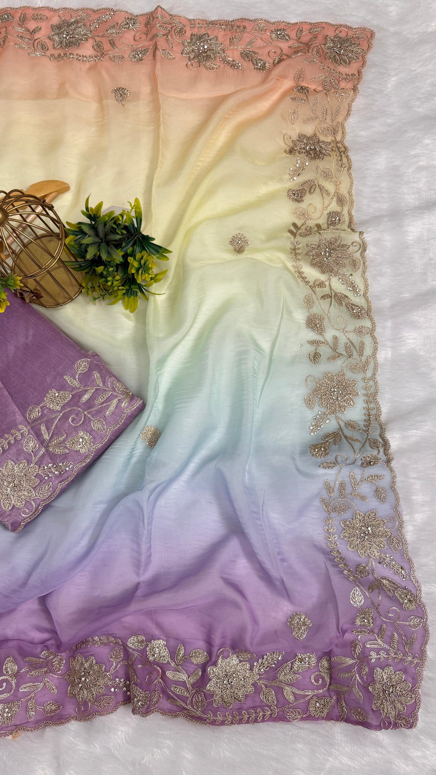 Fancy Shaded Color Pitta Work Saree