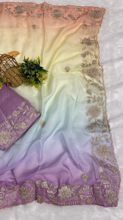 Fancy Shaded Color Pitta Work Saree
