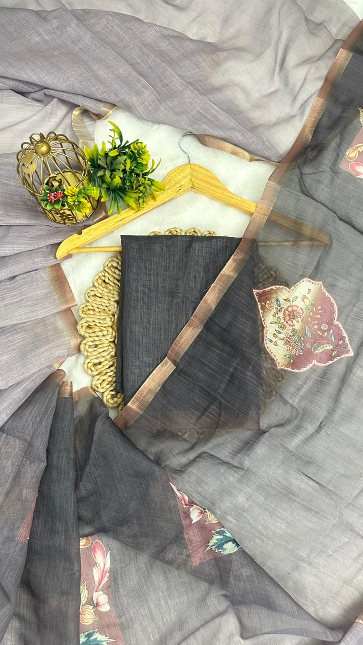 Cotton Linen Flower Dual Print Saree