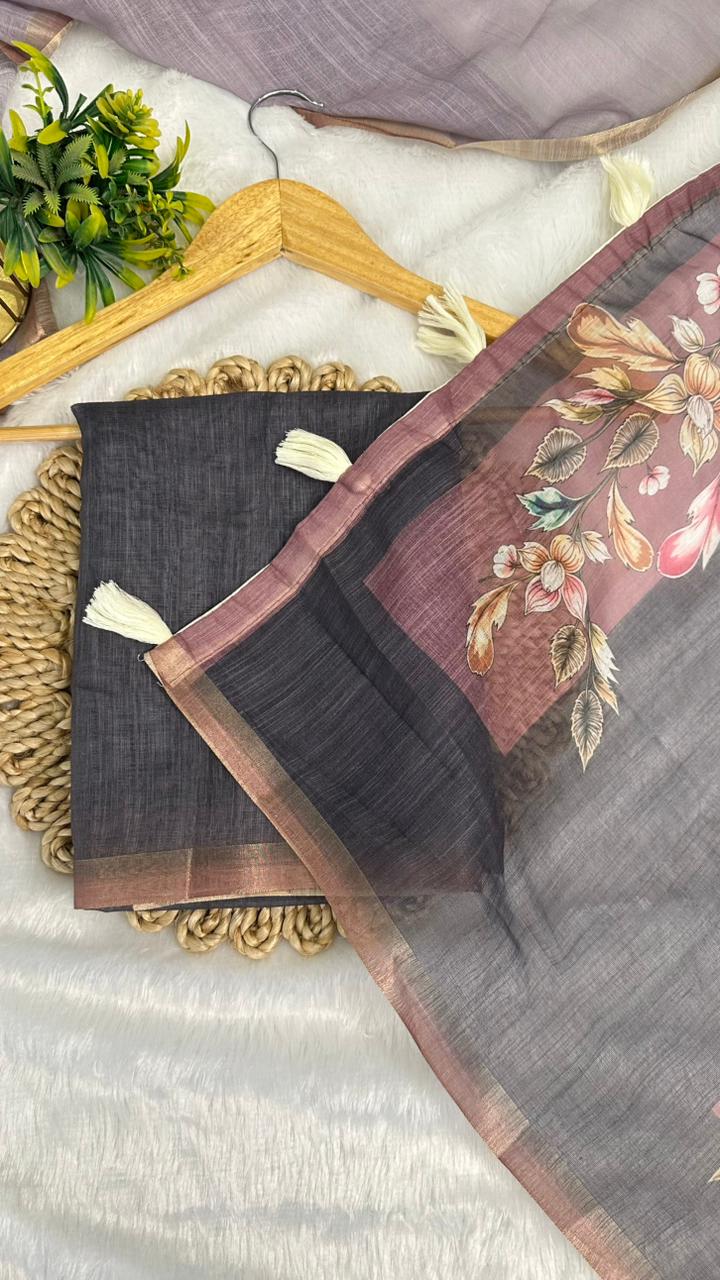 Cotton Linen Flower Dual Print Saree