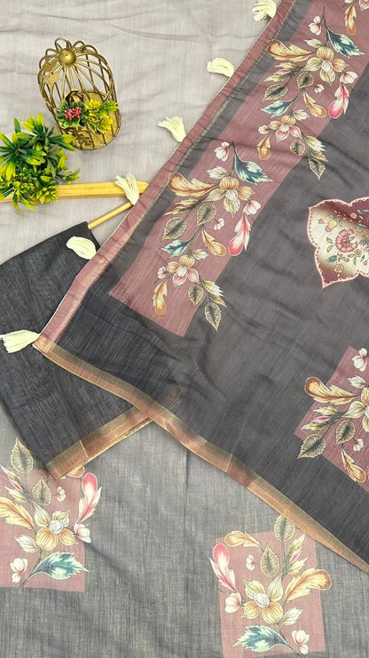 Cotton Linen Flower Dual Print Saree