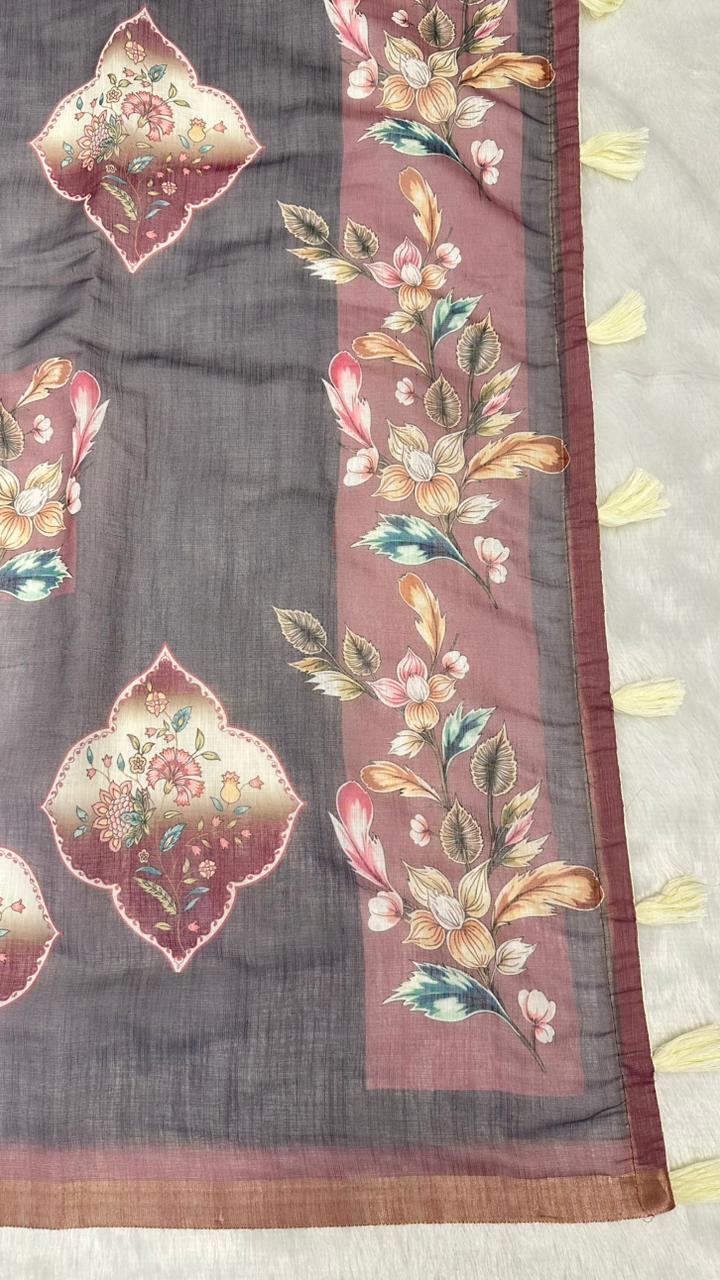 Cotton Linen Flower Dual Print Saree