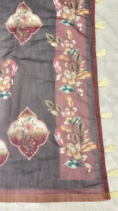 Cotton Linen Flower Dual Print Saree