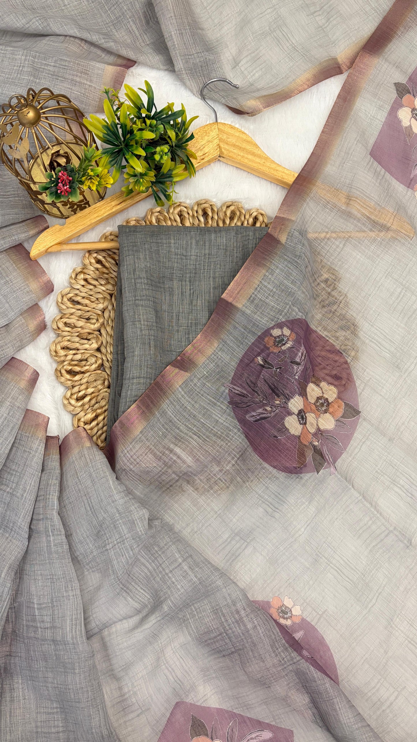 Cotton Linen Flower Print Saree