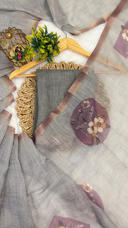 Cotton Linen Flower Print Saree