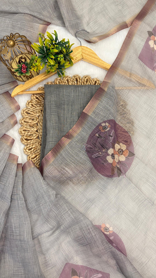 Cotton Linen Flower Print Saree