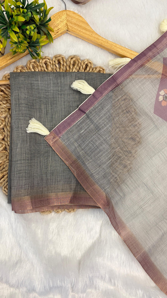 Cotton Linen Flower Print Saree