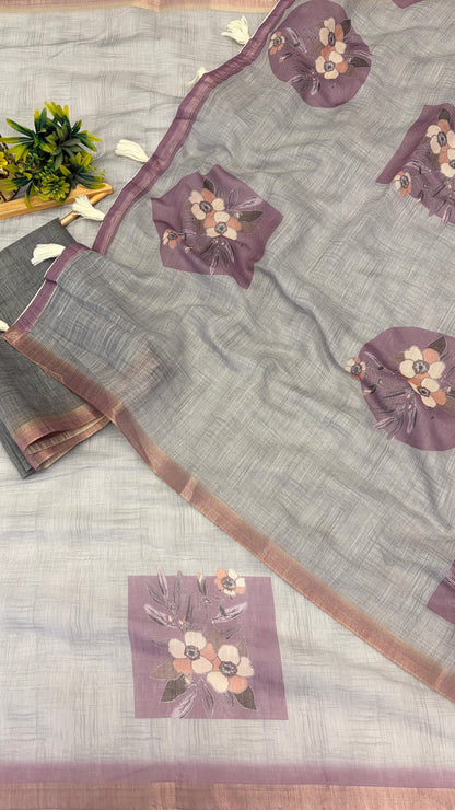 Cotton Linen Flower Print Saree