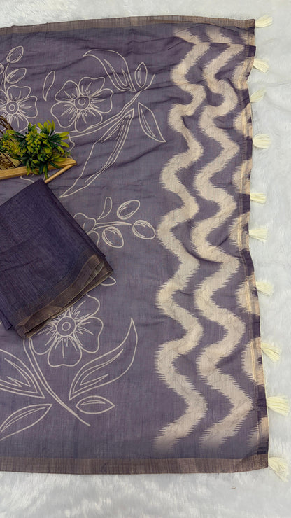 Cotton Linen Flower Print Saree