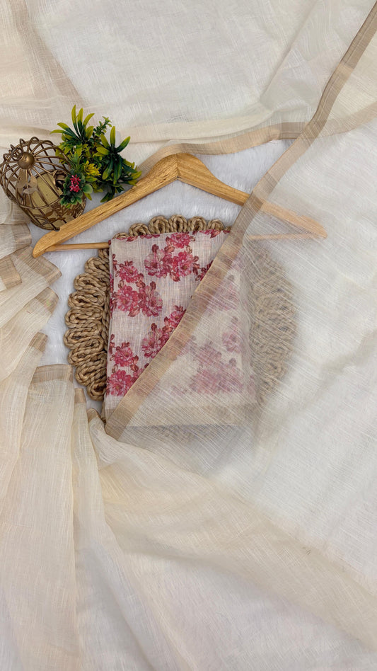 Cotton Linen Flower Print Saree