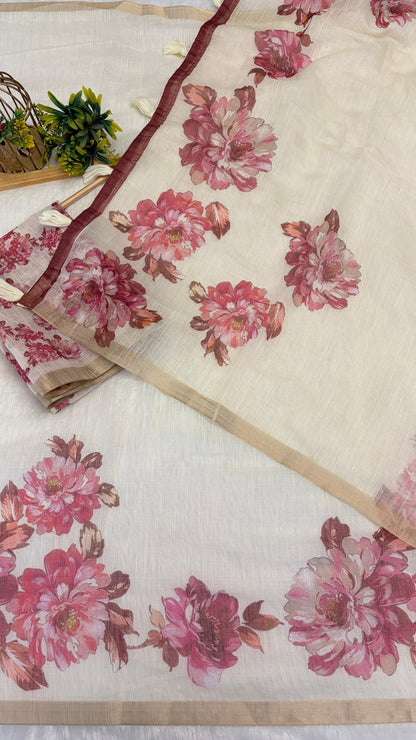 Cotton Linen Flower Print Saree