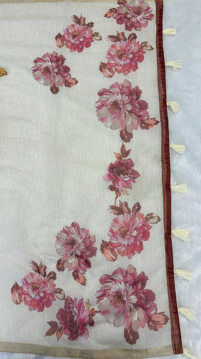 Cotton Linen Flower Print Saree