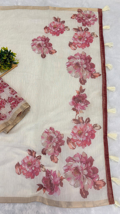 Cotton Linen Flower Print Saree