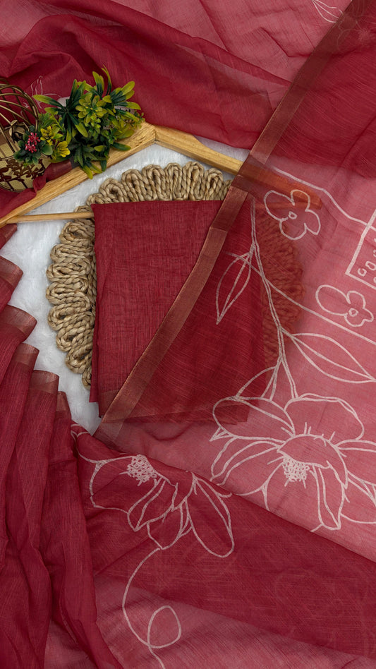 Cotton Linen Flower Print Saree