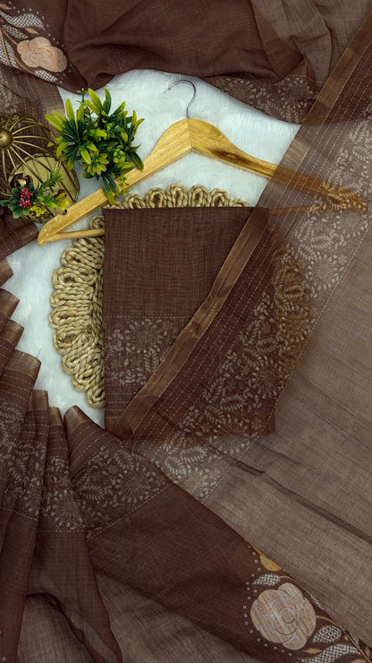 Cotton Linen Flower Print Saree