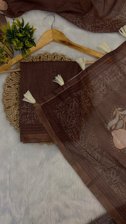 Cotton Linen Flower Print Saree