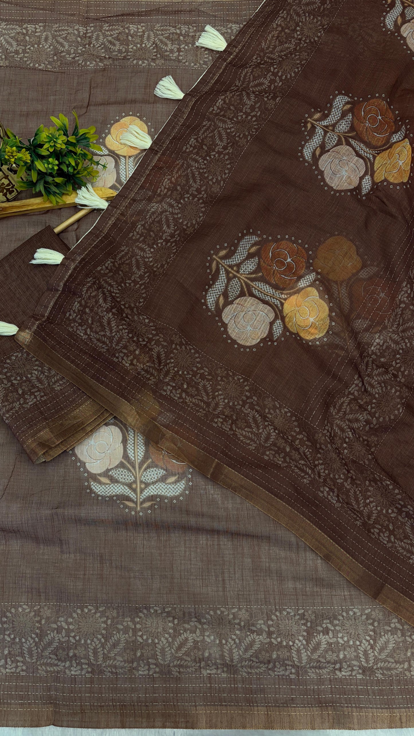 Cotton Linen Flower Print Saree