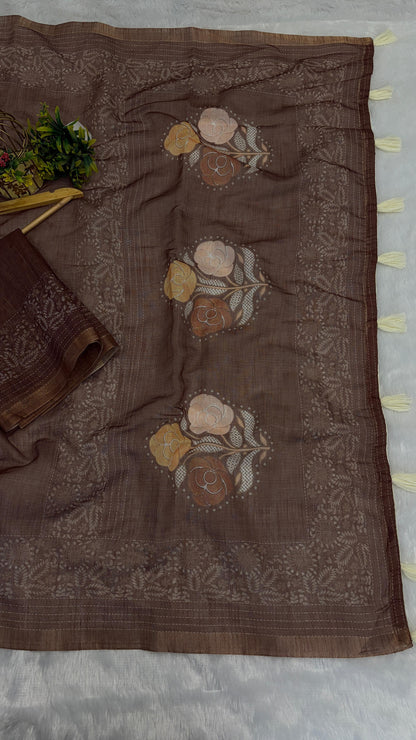 Cotton Linen Flower Print Saree
