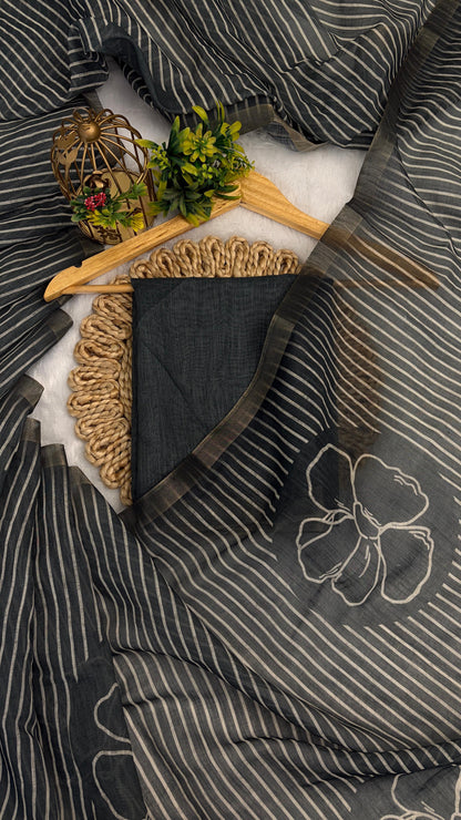 Cotton Linen Flower Print Saree