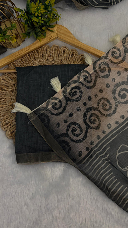 Cotton Linen Flower Print Saree