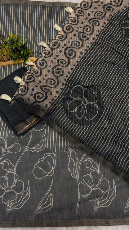 Cotton Linen Flower Print Saree
