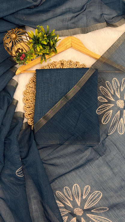 Cotton Linen Flower Print Saree