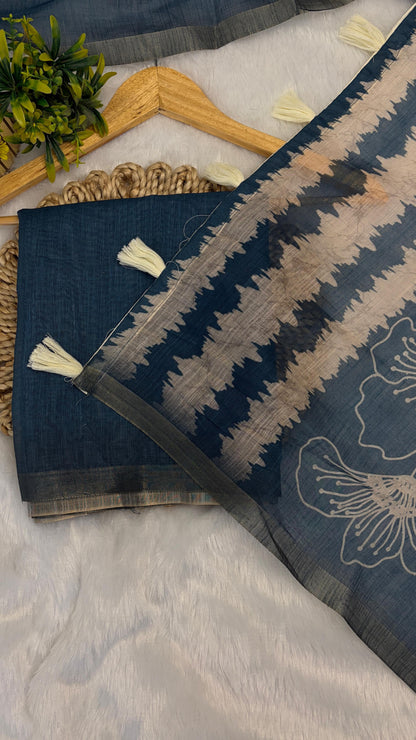 Cotton Linen Flower Print Saree