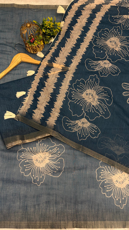 Cotton Linen Flower Print Saree