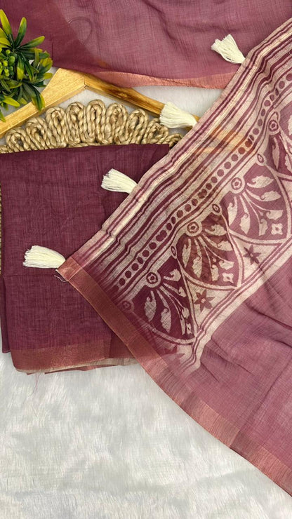 Cotton Linen Flower Print Saree