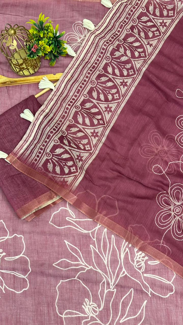Cotton Linen Flower Print Saree