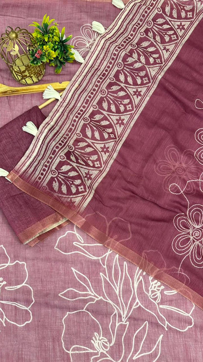 Cotton Linen Flower Print Saree