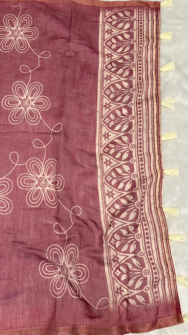 Cotton Linen Flower Print Saree