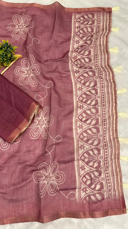 Cotton Linen Flower Print Saree