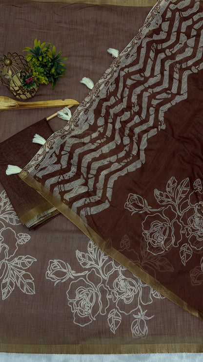Cotton Linen Flower Print Saree
