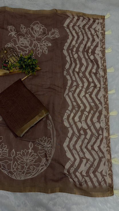 Cotton Linen Flower Print Saree