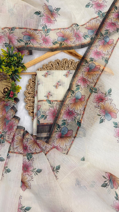 Cotton Linen Flower Print Saree