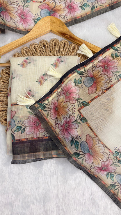 Cotton Linen Flower Print Saree