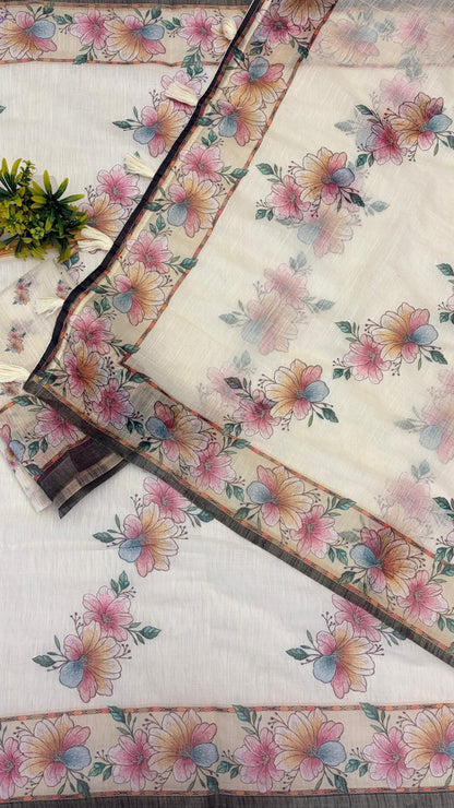 Cotton Linen Flower Print Saree